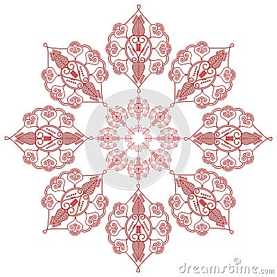 Asian culture inspired wedding makeup mandala henna tattoo decoration flower shape in red and white symbolizing happiness, lov Vector Illustration