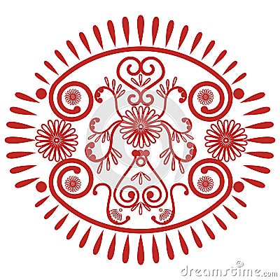 Asian culture inspired wedding makeup mandala henna tattoo lace decoration in oval shape made out of leaves, hearts in red symb Vector Illustration