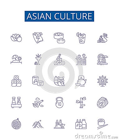 Asian culture line icons signs set. Design collection of Asian, Culture, Japan, China, India, Rice, Cuisine, Temple Vector Illustration