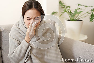 Asian Cute of girl having flu season and sneeze using paper tissues sitting on sofa at home, Putting blanket, Health and Stock Photo