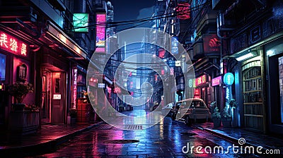 Asian cyberpunk city in rain at night, dark street in neon lights Stock Photo