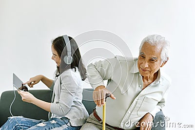 Asian daughter neglect senior father, Elderly old parent was abandoned by family. Stock Photo