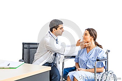 Asian doctor check-up pretty patient for her Thyroid hormones healthy at hospital or medical clinic Stock Photo