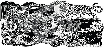 Asian dragon versus tiger. Illustration Vector Illustration