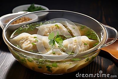 asian dumpling soup in a clear broth served in a bowl Stock Photo