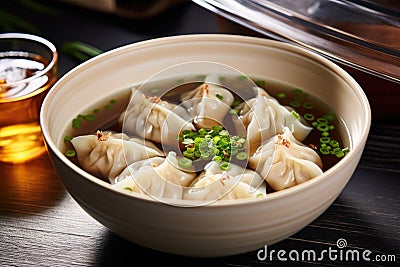 asian dumpling soup in a clear broth served in a bowl Stock Photo