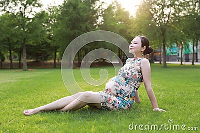 Asian Eastern Chinese happy beautiful pregnant woman in traditional chi-pao cheongsam sit on grass meadow sunset sunrise day free Stock Photo