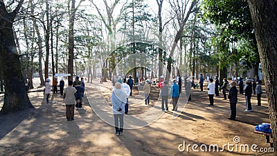 Asian elderly people practicing Tai Chi at public park Editorial Stock Photo