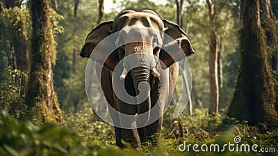 Asian elephant or Elephas maximus indicus roadblock walking head on in summer season and natural green scenic background Stock Photo