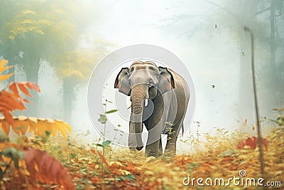 an asian elephant standing in a misty jungle clearing Stock Photo