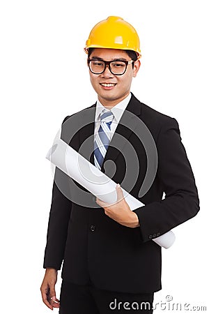 Asian engineer man with blueprints Stock Photo