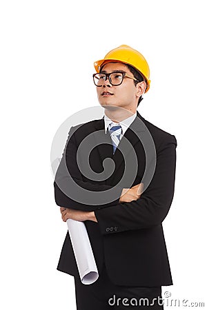 Asian engineer man look up with blueprints Stock Photo