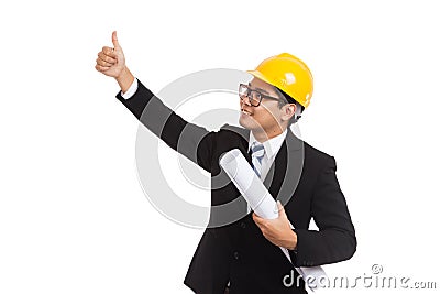 Asian engineer man thumbs up look up with blueprints Stock Photo