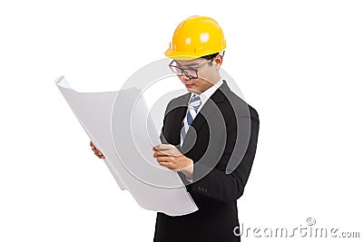 Asian engineer man working with blueprints Stock Photo