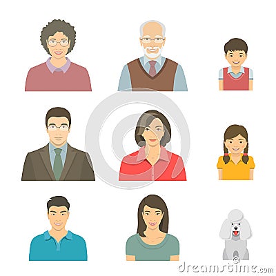 Asian family faces flat vector avatars set Vector Illustration