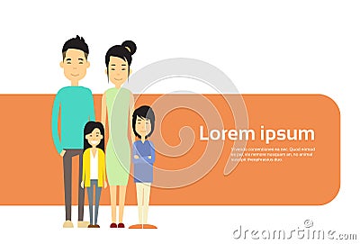 Asian Family Four People, Asia Parents With Two Children Banner With Copy Space Vector Illustration