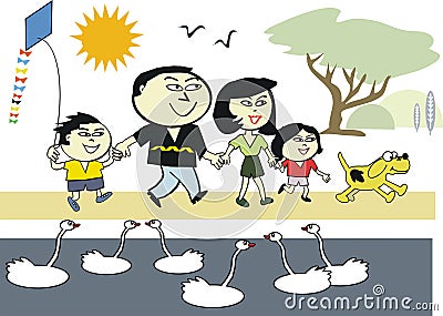 Asian family in park cartoon Vector Illustration