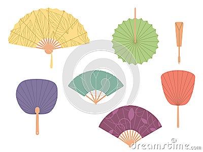 Asian fans. Colored hand traditional fan set Vector Illustration