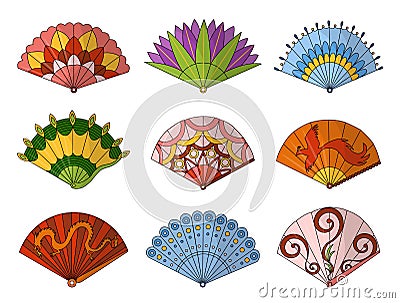 Asian fans. Colored hand traditional fan set isolated on white background, paper folding painting vector fans in web Vector Illustration