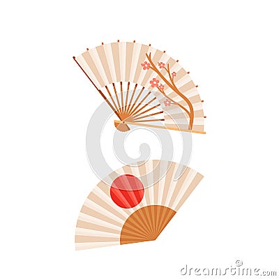 Asian Fans Are Exquisite Handcrafted Creations With Intricate Sakura In Sun Design And Delicate Craftsmanship Vector Illustration