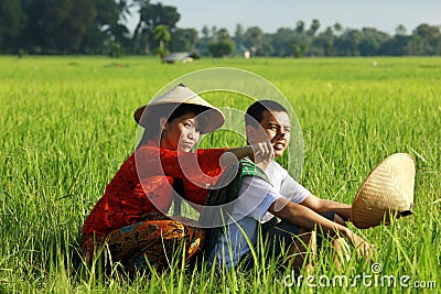 Asian farmer at rice field Stock Photo