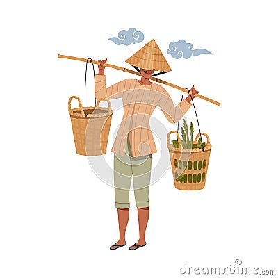 Asian Farmer in Straw Conical Hat Carrying Grass in Wicker Basket on His Shoulders Vector Illustration Vector Illustration