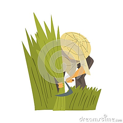 Asian Farmer in Straw Conical Hat Harvesting Rice, Peasants Character Working on Field Cartoon Style Vector Illustration Vector Illustration