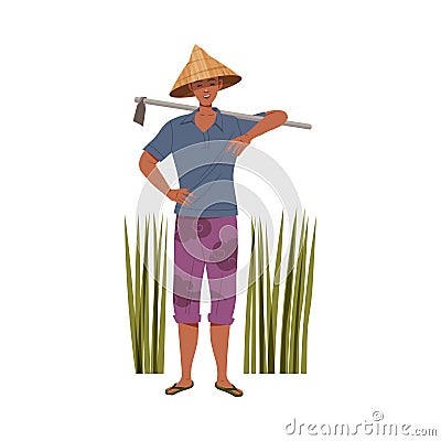 Asian Farmer in Straw Conical Hat Holding Hoe on His Shoulders Vector Illustration Vector Illustration