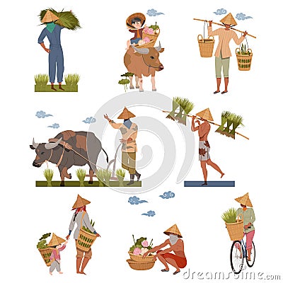 Asian Farmers in Straw Conical Hat Working on Field Vector Set Vector Illustration