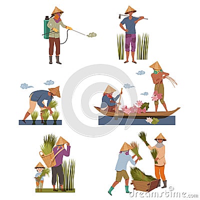 Asian Farmers in Straw Conical Hat Working on Field Vector Set Vector Illustration