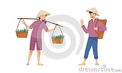 Asian farmers working on farm set. Peasants in straw conical hats planting and harvesting rice and tea on field cartoon Vector Illustration