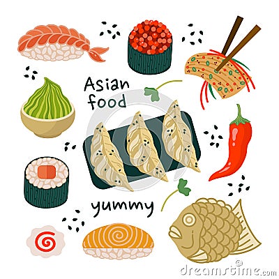 Asian fast food vector set. Tasty Japanese and Korean snacks - gyoza, nigiri, sushi maki, kimchi, taiyaki. Spicy Vector Illustration