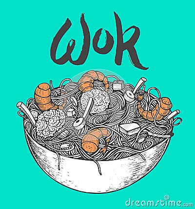 Asian fastfood with noodles shrimps, pepper, vegetables in a plate. Hand drawn Vector Illustration