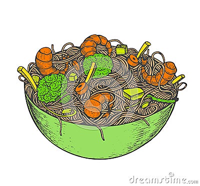 Asian fastfood with noodles shrimps, pepper, vegetables in a plate. Hand drawn Vector Illustration