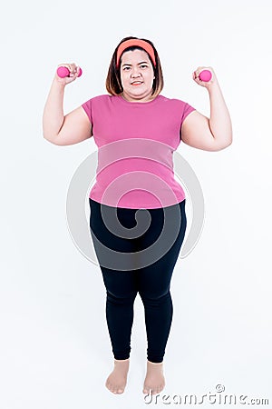 Asian fat woman exercising with basic postures, To lose weight Stock Photo