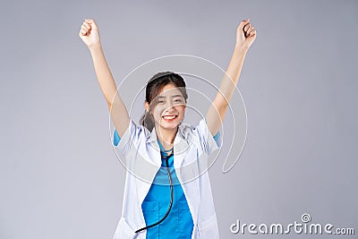 The asian female doctor showed feelings of victory Stock Photo