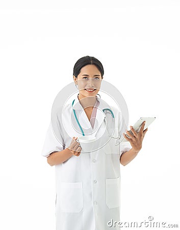 The Asian female doctor with uniform and stethoscope on neck Stock Photo