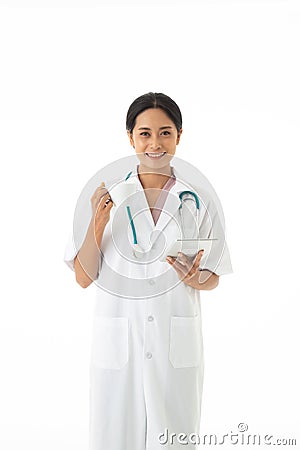 The Asian female doctor with uniform and stethoscope on neck Stock Photo