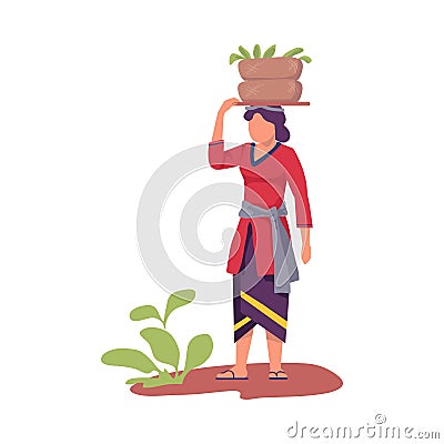 Asian Female Farmer Carrying Wicker Basket on Her Head Vector Illustration Vector Illustration