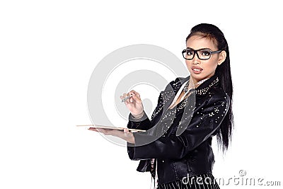 Asian Female Fashion Designer draw and paint on tablet Stock Photo