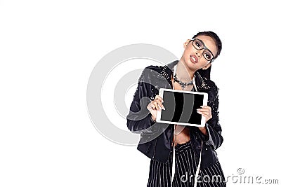 Asian Female Fashion Designer draw and paint on tablet Stock Photo