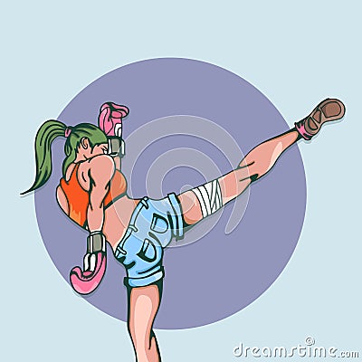 Asian Female Fighter High Kick Vector Illustration