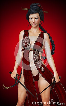 Asian female, fighter posing with sai weapons in costume with a red gradient background . Stock Photo