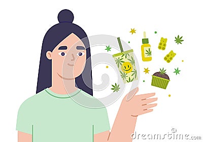 Asian female and products with cannabis, cbd Vector Illustration