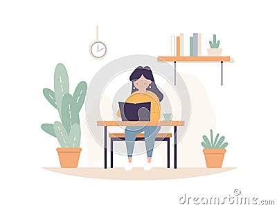 Asian female working on laptop at home with coffee and plants. Casual remote work setup. Freelancer productivity vector Vector Illustration