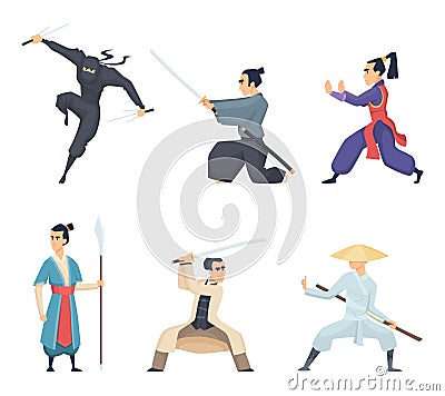Asian fighter. Man holding katana traditional japan weapon sword samurai ninja vector characters isolated Vector Illustration