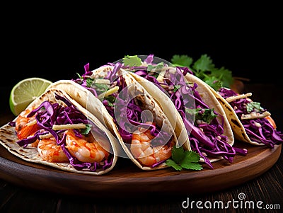 Asian flavored shrimp tacos with red cabbage and green apple slaw. on dark background Stock Photo