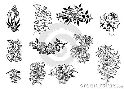 Asian flower drawings Vector Illustration