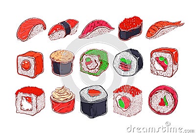 Asian Food collection. Sushi. Vector hand drawn illustration. Vector Illustration