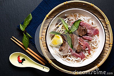 Asian food concept vietnamese pho noodles on black background with copy space Stock Photo